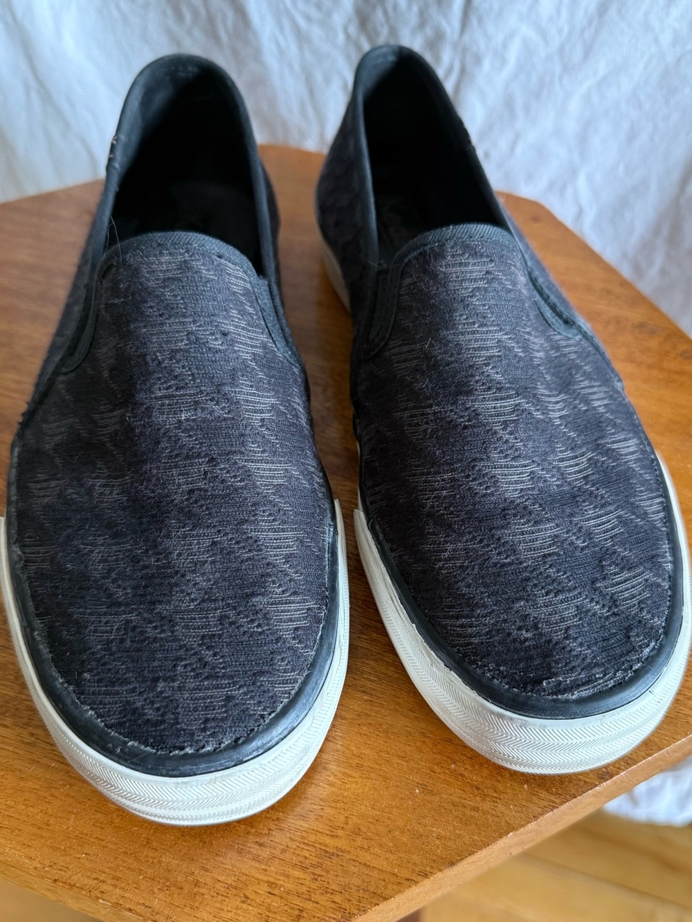Keds Women’s Black Slip-On Textured Canvas Loafers. Herringbone pattern.